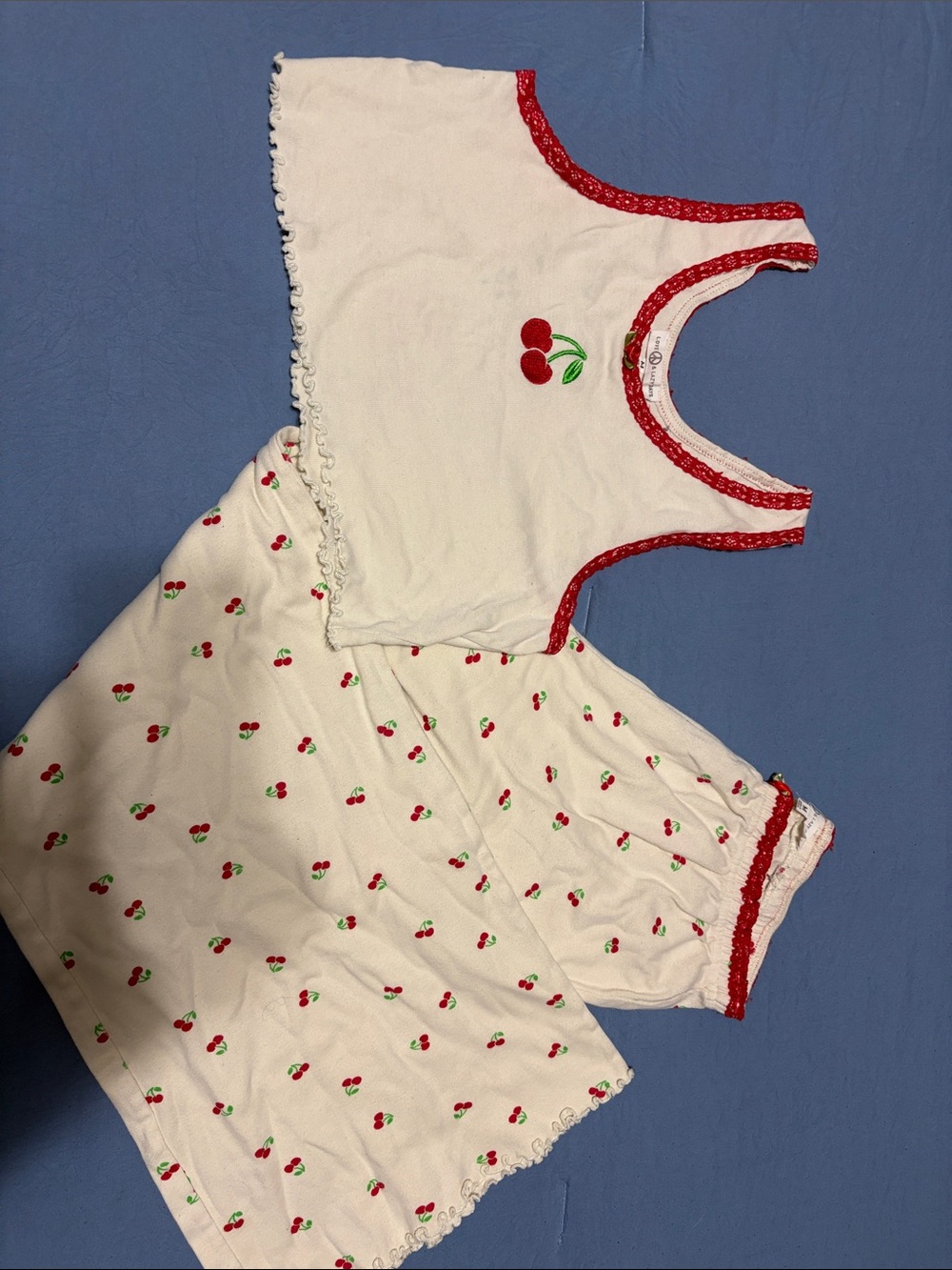 Girls White Cherry Print Tank Top & Shorts Set with Red Trim